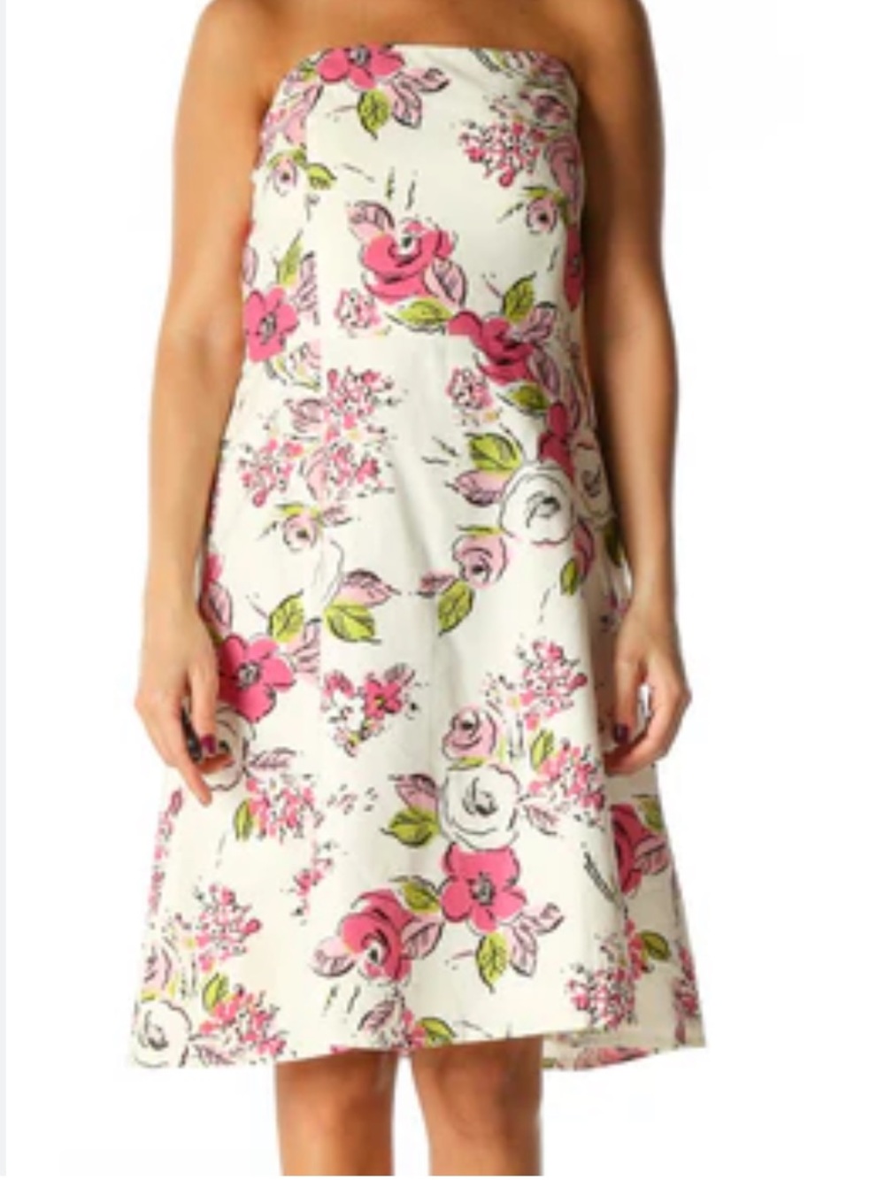 VINTAGE LOFT Cream Pink Green Floral Strapless Fit & Flare Dress Silk Cotton 4
